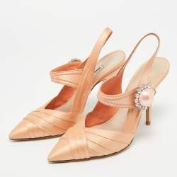 Pre Owned Miu Miu Orange Satin Pearl Crystal Embellished Slingback Pumps Size 36.5