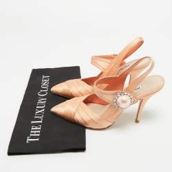 Pre Owned Miu Miu Orange Satin Pearl Crystal Embellished Slingback Pumps Size 36.5