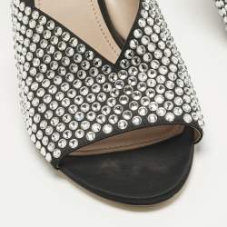 Pre Owned صندل سلايد ميو ميو كعب بلوك مزخرف كريستال ساتان أسود مقاس 39.5