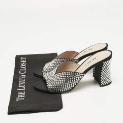 Pre Owned صندل سلايد ميو ميو كعب بلوك مزخرف كريستال ساتان أسود مقاس 39.5