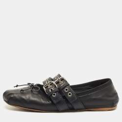 Pre Owned Miu Miu Black Leather Ankle Wrap Ballet Flats Size 39.5
