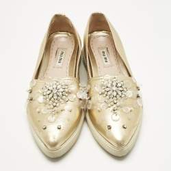 Pre Owned Miu Miu Gold LeatherEmbellish Pointed Toe Slip On Sneakers Size 36