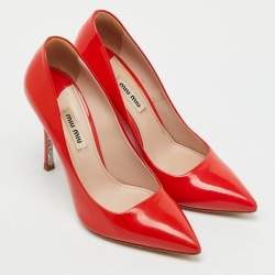 Pre Owned Miu Miu Cherry Red Patent Leather Glitter Sole Pointed Toe Pumps Size 37