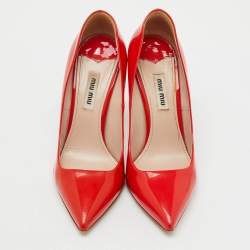 Pre Owned Miu Miu Cherry Red Patent Leather Glitter Sole Pointed Toe Pumps Size 37