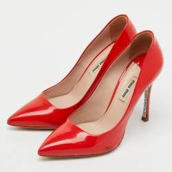 Pre Owned Miu Miu Cherry Red Patent Leather Glitter Sole Pointed Toe Pumps Size 37