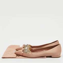 Pre Owned Miu Miu Beige Satin Bow Crystal Embellished Pointed Toe Ballet Flats Size 38.5