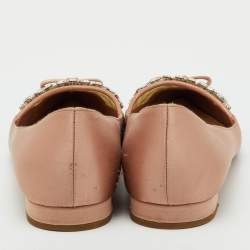 Pre Owned Miu Miu Beige Satin Bow Crystal Embellished Pointed Toe Ballet Flats Size 38.5