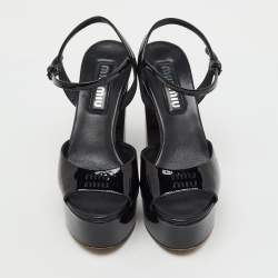 Pre Owned Miu Miu Black Patent Leather Block Heel Platform Sandals Size 37.5