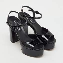 Pre Owned Miu Miu Black Patent Leather Block Heel Platform Sandals Size 37.5