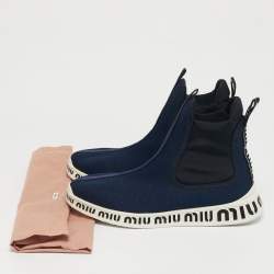 Pre Owned Miu Miu Blue Knit Fabric and Neoprene High Top Sneakers Size 41