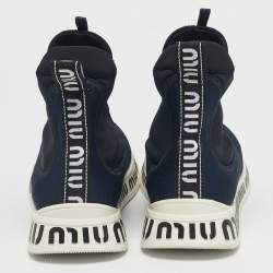 Pre Owned Miu Miu Blue Knit Fabric and Neoprene High Top Sneakers Size 41