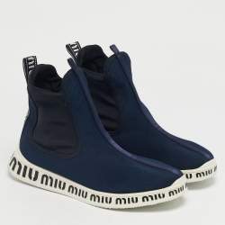 Pre Owned Miu Miu Blue Knit Fabric and Neoprene High Top Sneakers Size 41