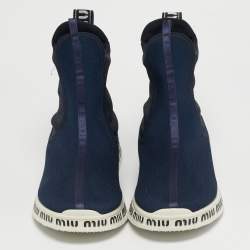 Pre Owned Miu Miu Blue Knit Fabric and Neoprene High Top Sneakers Size 41