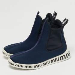 Pre Owned Miu Miu Blue Knit Fabric and Neoprene High Top Sneakers Size 41