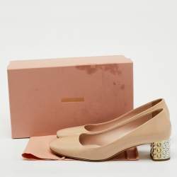 Pre Owned Miu Miu Beige Patent Leather Crystal Embellished Block Heel Pumps Size 40