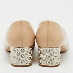 Pre Owned Miu Miu Beige Patent Leather Crystal Embellished Block Heel Pumps Size 40