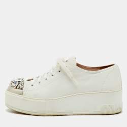 Pre Owned Miu Miu White Leather Crystal Embellished Cap Toe Platform Sneakers Size 38