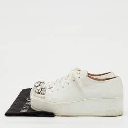 Pre Owned Miu Miu White Leather Crystal Embellished Cap Toe Platform Sneakers Size 38