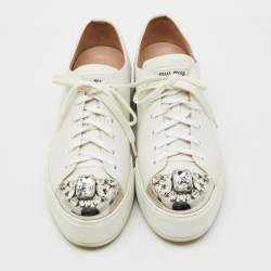 Pre Owned Miu Miu White Leather Crystal Embellished Cap Toe Platform Sneakers Size 38