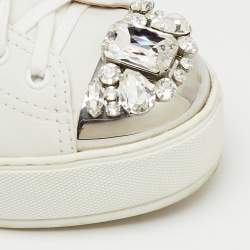 Pre Owned Miu Miu White Leather Crystal Embellished Cap Toe Platform Sneakers Size 38