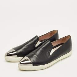 Pre Owned Miu Miu Black Leather Metal Cap Toe Slip On Sneakers Size 36
