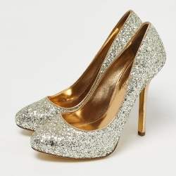 Pre Owned Miu Miu Gold Coarse Glitter Round Toe Pumps Size 37.5
