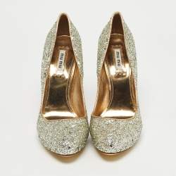 Pre Owned Miu Miu Gold Coarse Glitter Round Toe Pumps Size 37.5