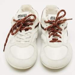 Pre Owned Miu Miu White/Brown Fabric, Suede and Leather Gymnasium Low Top Sneakers Size 38.5