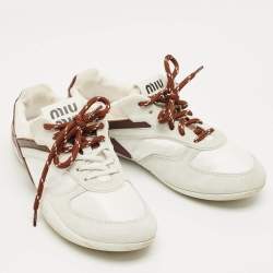Pre Owned Miu Miu White/Brown Fabric, Suede and Leather Gymnasium Low Top Sneakers Size 38.5