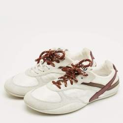 Pre Owned Miu Miu White/Brown Fabric, Suede and Leather Gymnasium Low Top Sneakers Size 38.5