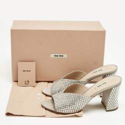 Pre Owned Miu Miu Grey Satin Crystal Embellished Heel Mules Size 40.5