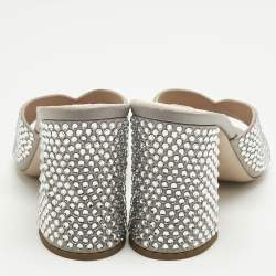 Pre Owned Miu Miu Grey Satin Crystal Embellished Heel Mules Size 40.5
