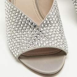 Pre Owned Miu Miu Grey Satin Crystal Embellished Heel Mules Size 40.5