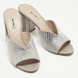 Pre Owned Miu Miu Grey Satin Crystal Embellished Heel Mules Size 40.5