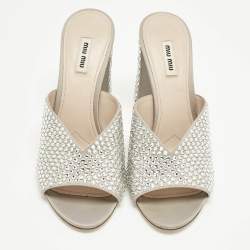 Pre Owned Miu Miu Grey Satin Crystal Embellished Heel Mules Size 40.5