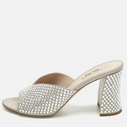 Pre Owned Miu Miu Grey Satin Crystal Embellished Heel Mules Size 40.5