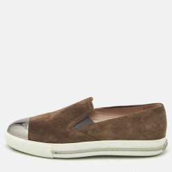Pre Owned Miu Miu Brown Suede Metal Cap Toe Slip On Sneakers Size 37