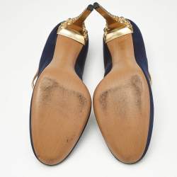 Pre Owned Miu Miu Blue/Gold Satin and Leather Mary Jane Pumps Size 38