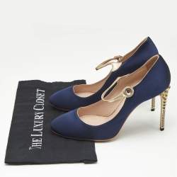 Pre Owned Miu Miu Blue/Gold Satin and Leather Mary Jane Pumps Size 38