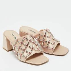Pre Owned Miu Miu Beige Satin Crystal Embellished Block Heel Sandals Size 41