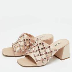 Pre Owned Miu Miu Beige Satin Crystal Embellished Block Heel Sandals Size 41