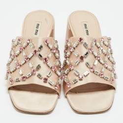 Pre Owned Miu Miu Beige Satin Crystal Embellished Block Heel Sandals Size 41
