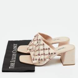 Pre Owned Miu Miu Beige Satin Crystal Embellished Block Heel Sandals Size 41