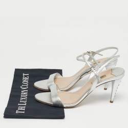 Pre Owned Miu Miu Silver Leather Ankle Strap Sandals Size 40.5