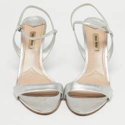 Pre Owned Miu Miu Silver Leather Ankle Strap Sandals Size 40.5