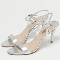 Pre Owned Miu Miu Silver Leather Ankle Strap Sandals Size 40.5