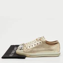 Pre Owned Miu Miu Gold Leather Crystal Embellished Cap Toe Low Top Sneakers Size 39