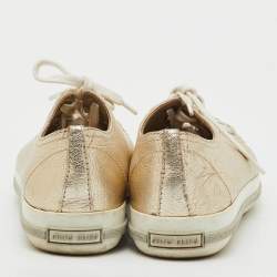 Pre Owned Miu Miu Gold Leather Crystal Embellished Cap Toe Low Top Sneakers Size 39
