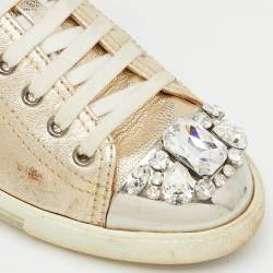 Pre Owned Miu Miu Gold Leather Crystal Embellished Cap Toe Low Top Sneakers Size 39