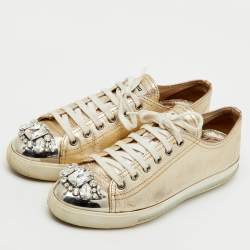 Pre Owned Miu Miu Gold Leather Crystal Embellished Cap Toe Low Top Sneakers Size 39
